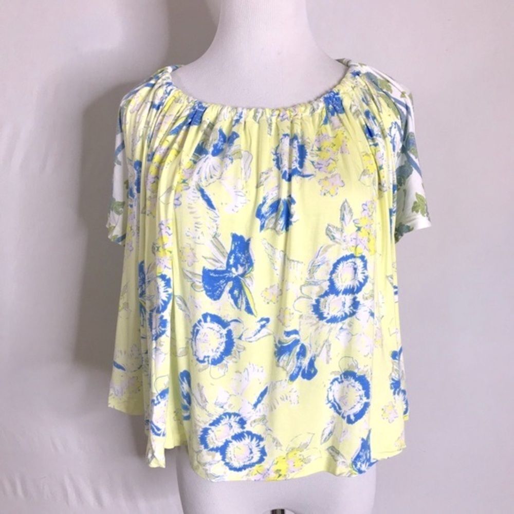 Free People Baja Babe Tee Lemon Gelato XS NWT Yellow Blue White Floral